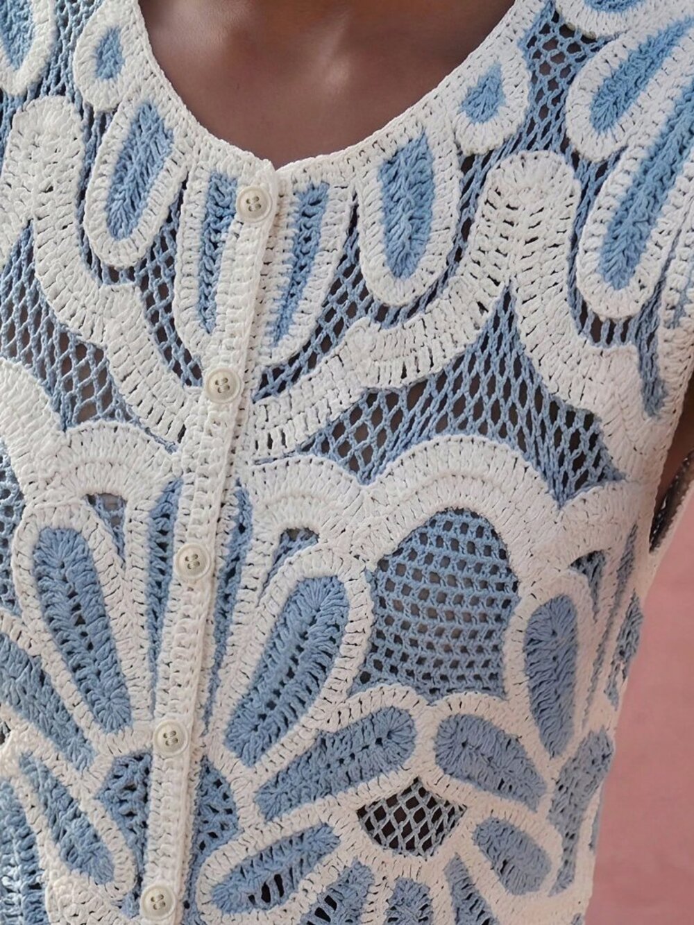 blue Casual Women's Patchwork button down Knit Top - Picture 3 of 6